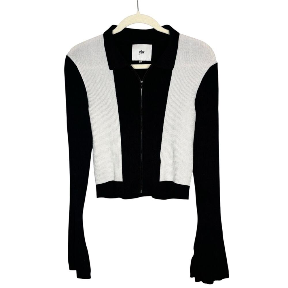 Yllw the Label Zip Front Ribbed Sweater Jacket S Black White